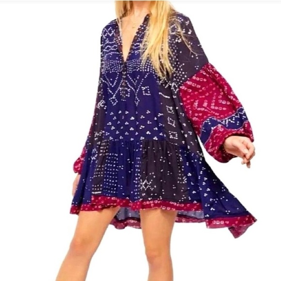 The Free People Shibori Balloon Sleeve Printed Boho Tunic Top Size Medium - Picture 1 of 10